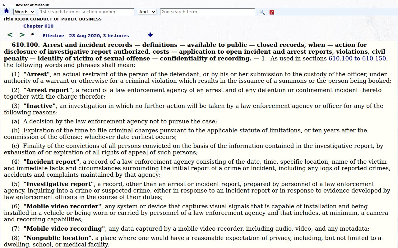 Missouri law governing Mississippi County arrest and incident records
